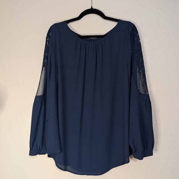 Chico s Black Label Mixed Blouse Navy Blue Button Sheer Top - Picture 2 of 10